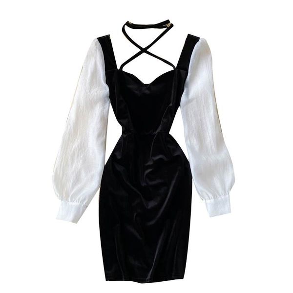 

casual dresses temperament ladies dress female autumn fashion bubble sleeve contrast color stitching hanging neckvelvet small, Black;gray
