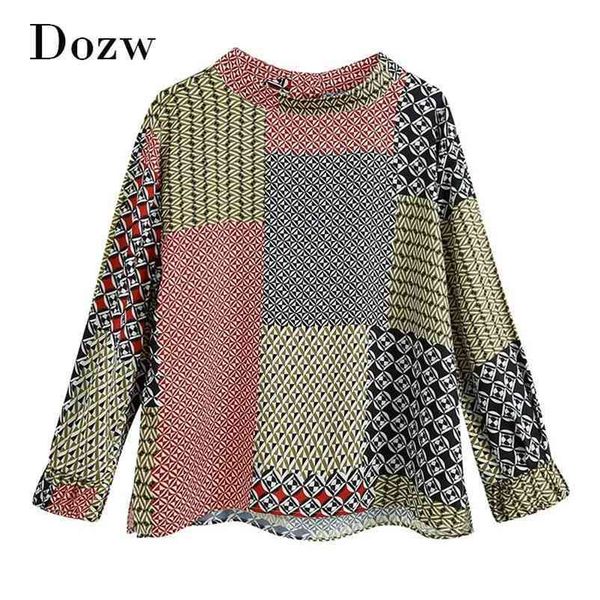 

vintage printed patchwork blouse women loose stand collar office shirt long sleeve casual tunic camisas mujer 210515, White