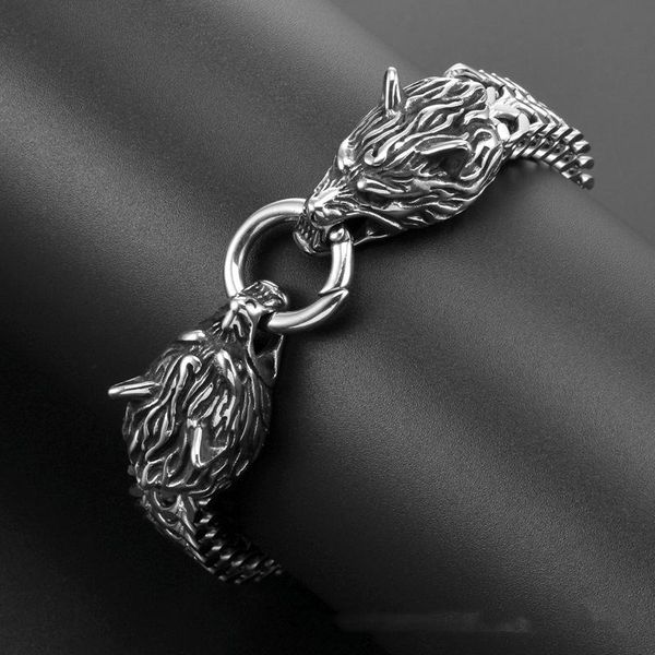 

link, chain retro domineering wolf head spring buckle hand-woven bracelet men's fashion cool casual jewelry gift, Black