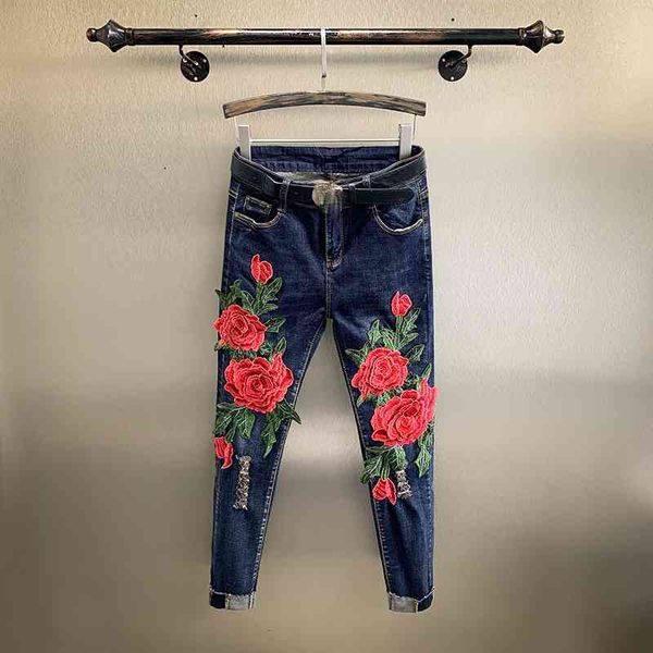 

women's jeans oversized pencil pants skinny high waist ankle-length woman denim rose flower print embroidery trousers for women qp, Blue