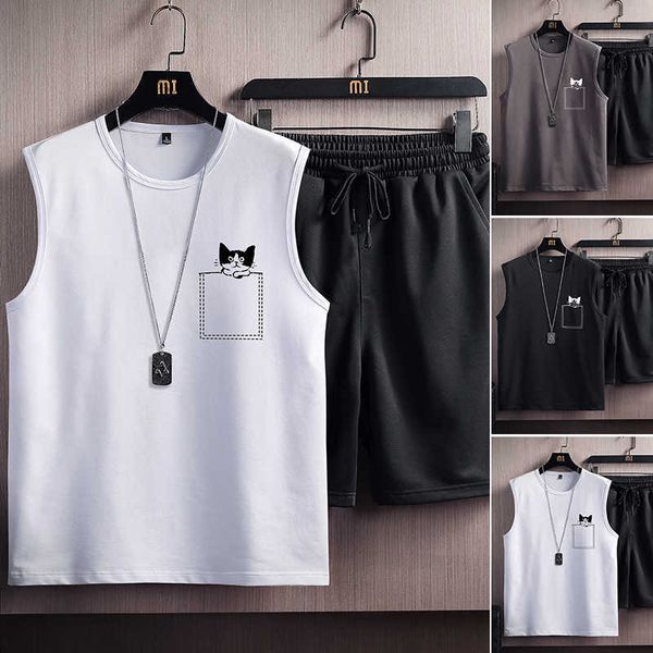 

sleeveless suit men sportswear loose vest suit mens fashion classic sports suit men's sports cat pocket basketball male 210603, Gray