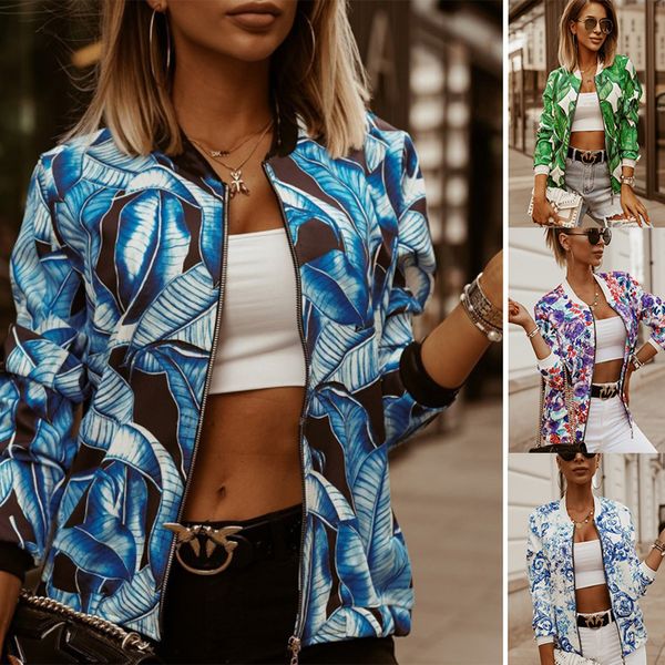 

flower print long sleeve women's bomber jacket fashion zipper up vintage coat elegant slim basic ladies jackets, Black;brown