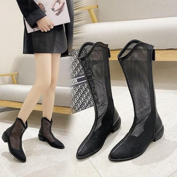 

boots fashion women knee high sandals mid heel woman mesh gladiator summer boot hollow out black shoes for female