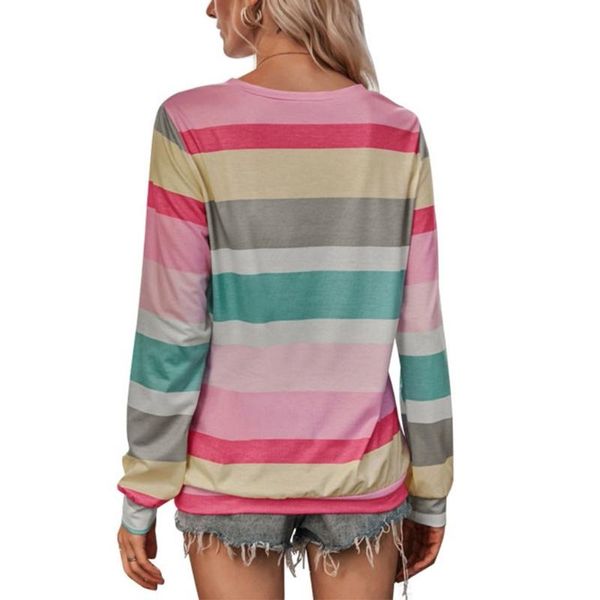 

women's t-shirt women long sleeve o-neck multicolor rainbow stripes loose pullover x7xc, White