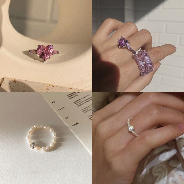 

Song Yanfei's Same Pink Zircon Love Oval Combination Ring, Silver