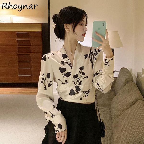 

women's blouses & shirts women autumn tender french style elegant floral aesthetic crop simple comfort leisure all-match slim feminino, White