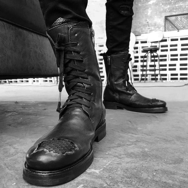 

boots personality patch hole snake skin retro mens mid calf harajuku luxury genuine leather horse cross tie male safe, Black