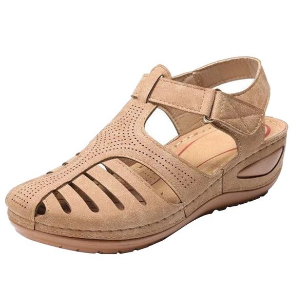 

dress shoes casual round toecap summer soft sole hollowed out fashion closed toe women sandals beach pu leather street ankle strap, Black