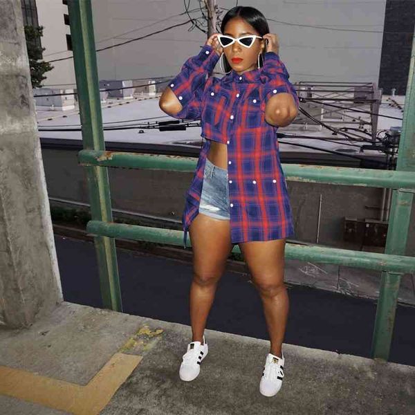 

anjamanor multi button cutout long sleeve oversized plaid shirts plus size fashion casual women blouses cardigan d48-ci23, White