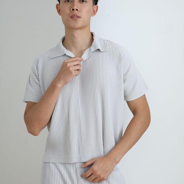 

life menswear sanzhai pleated men's lapel short sleeve fashion trend pullover t-shirt shirt jm121 pants, Black