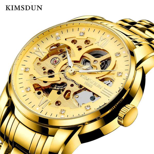 

gold men's stainless steel automatic mechanical luxury business waterproof male clock kimsdun brand fashion watch, Slivery;brown