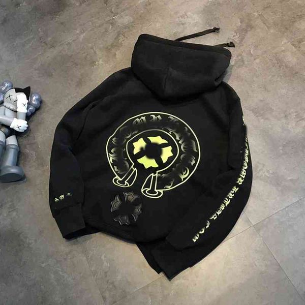 

65% off outlet online store autumn and winter 2020 new offset letter cross fluorescent green plush hooded men's women's sweater, Black