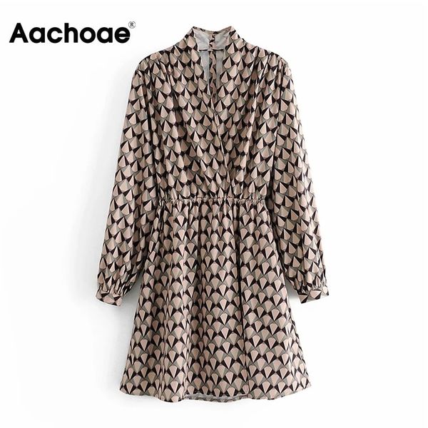 

geometric print a line vintage dress women elegant v ne elastic waist dresses female long sleeve party mini dress, Black;white