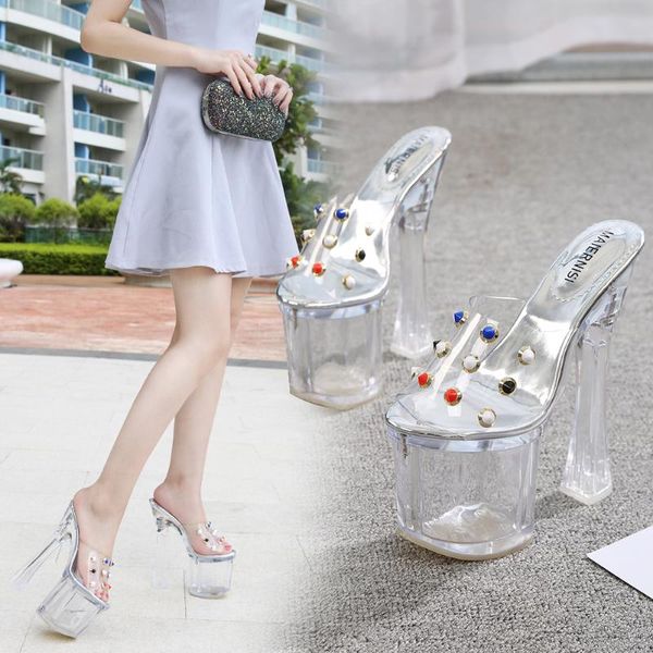 

linglewei spring and summer women's super high heels crystal transparency waterproof nightclub sandals, Black