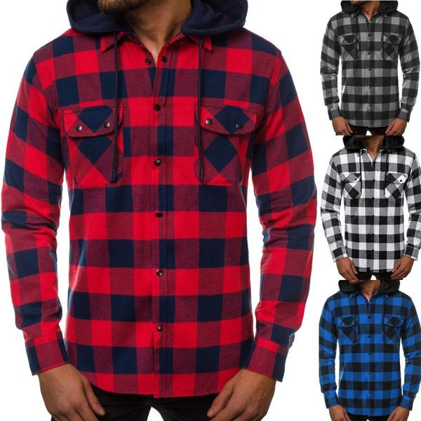 

men's casual shirts 2021 spring men's plaid hooded shirt tooling pocket detachable hat long-sleeved for men mens, White;black