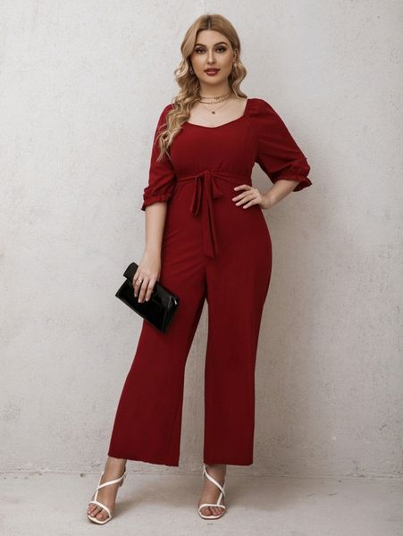 

plus flounce sleeve belted wide leg jumpsuit m2hx#, Black