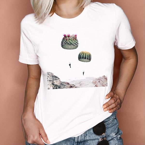 

graphic cactus funny plant womens printing fashion 90s cute style cartoon summer print female clothes tees t shirt, White