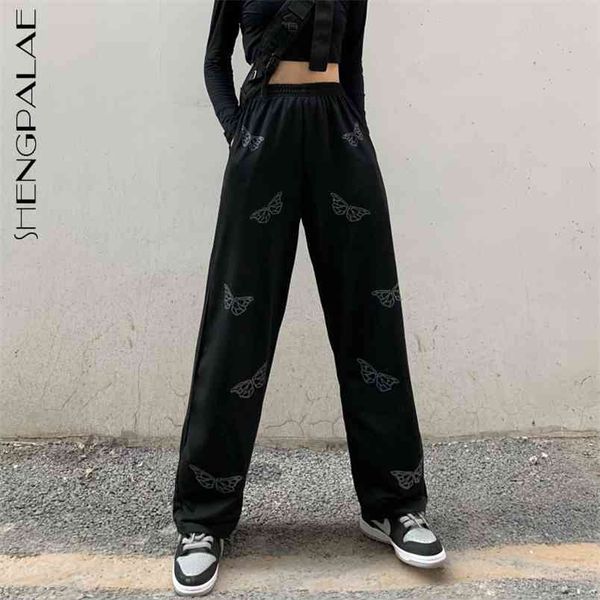 

butterfly printed trousers women's spring high elastic waist casual straight wide leg loose pants 5b654 210427, Black;white