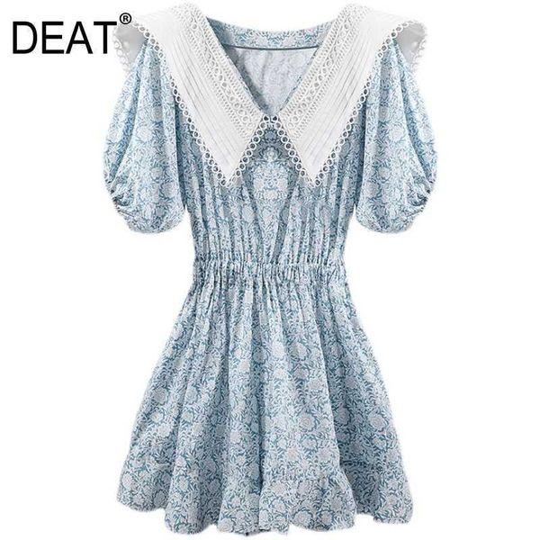 [Дикс] Летняя мода кукла воротник высокой талии с коротким рукавом печать свободно темперамент элегантное платье женщины 13d190 210527