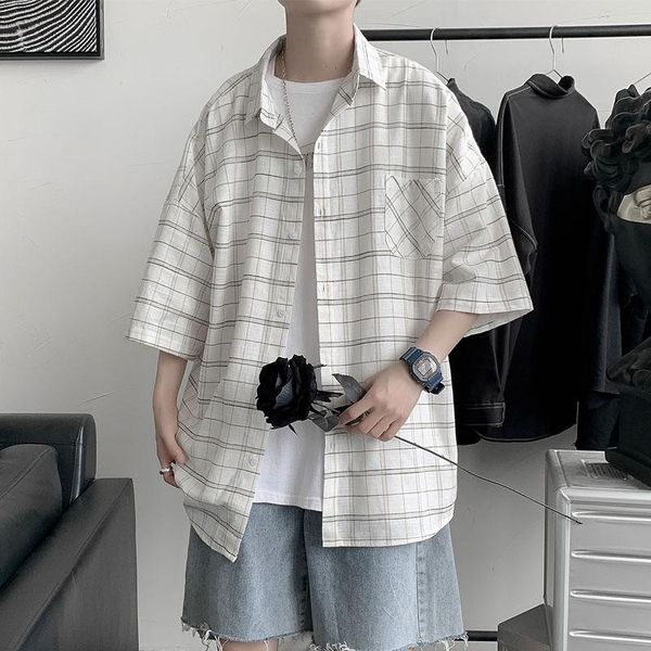 

men's casual shirts 2021 autumn shirt chiffon all-match lapel fashion trend long-sleeved plaid two-color jacket, White;black