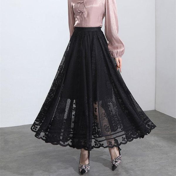 

skirts summer women black thin hook flower hollow lace long skirt high waist sweet fairy vintage elegant a line big swing