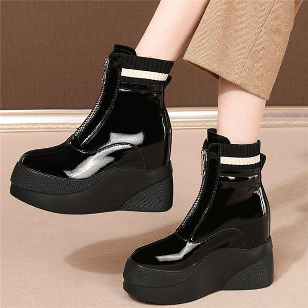 

boots punk goth trainers women genuine leather wedges high heel riding female knitting round toe fashion sneakers casual shoes, Black