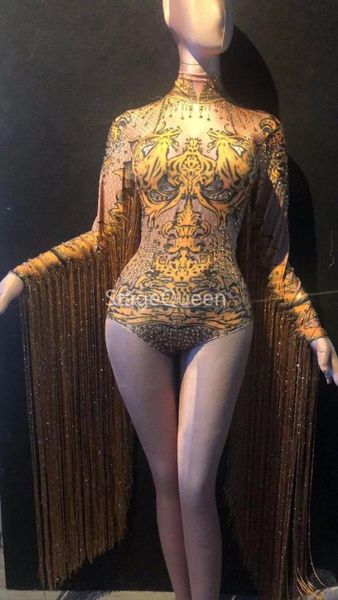 

4 colors rhinestones tassel sleeves bodysuit birthday celebrate bar women dance stage wear nightclub outfit, Black;red