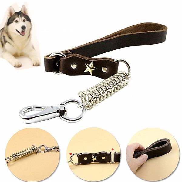 

dog collars & leashes large leather leash lead heay duty spring chains strong quality labrador husky short traction rope pet accessories