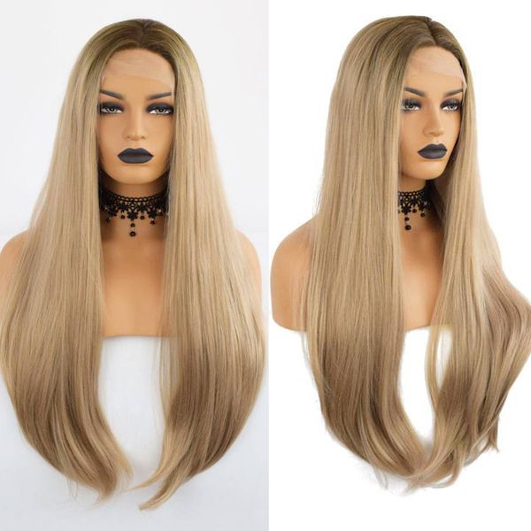 

ombre blonde silky straight wigs for women with baby hair brown root preplucked lace front synthetic cosply wig, Black