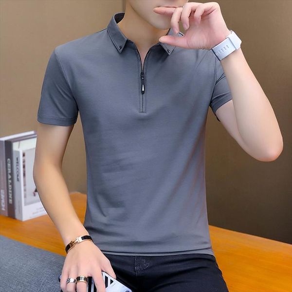 

casual shirts fashion solid color men polo high streetwear short sleeve beach shirt male versatile quality, White;black