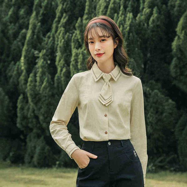 

women's blouses & shirts blouses spring arrival long sleeve shirt color contrast wave line embroidery with small tie simple college sty, White