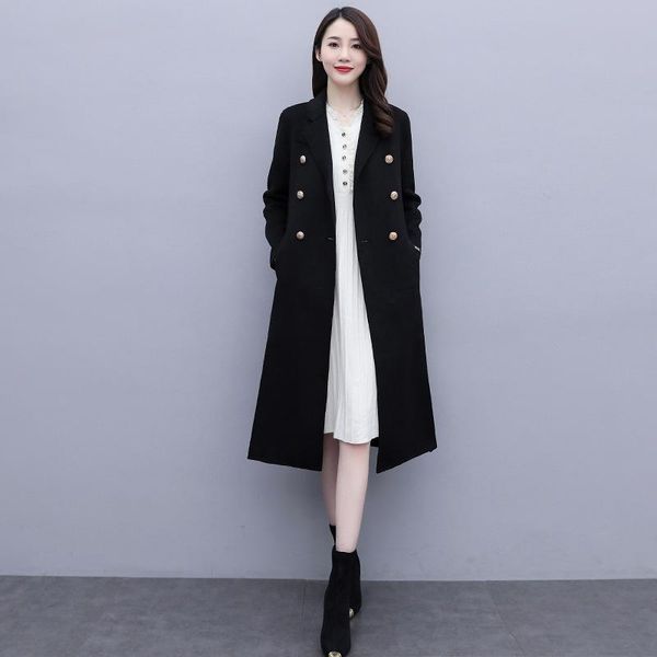 

women's wool & blends double-sided cashmere coat mid long high-end slim fitting woolen autumn and winter dress 2021 girl, Black