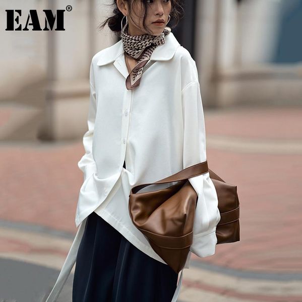 

[eam] women white irregular big size long black blouse lapel sleeve loose fit shirt fashion spring autumn 2021 1dd4786 women's blouses