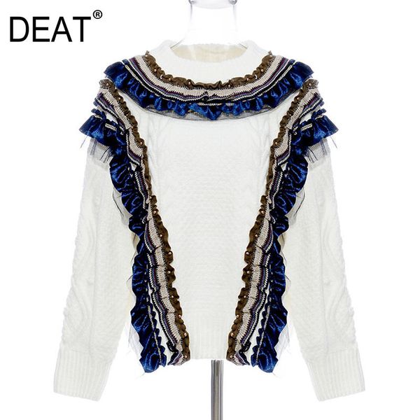 

knitting ruffles spliced sweater loose fit round neck long sleeve women pullovers fashion tide spring autumn gx218 210421, White;black