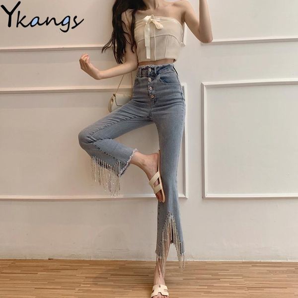 

women's jeans women rhinestone beading tassel chain flare 2021 female slim button high waist stretch denim ankle-length pants party, Blue