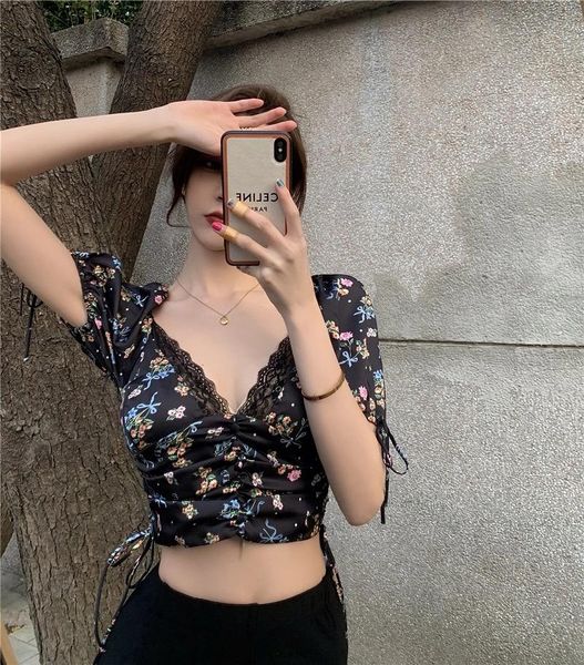 

women's t-shirt 2021 vintage floral for women deep-v t-shirts short design above belly slim tees summer clothing, White