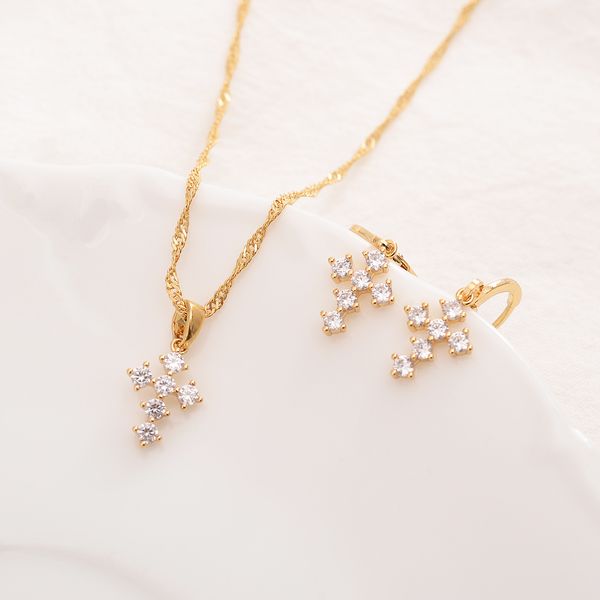 

18 k fine gold cross pendant filled cz white stone coordinate necklace chain earrings sets jewelry christian jesus, Silver