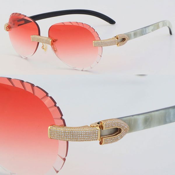 2022 Neue randlose Damen- und Herren-Sonnenbrille, innen weiß, schwarze Büffelhorn-Sonnenbrille, männlicher und weiblicher Rahmen mit ovaler Gesichtslinse, mikrogepflasterte Diamant-Set-Brille