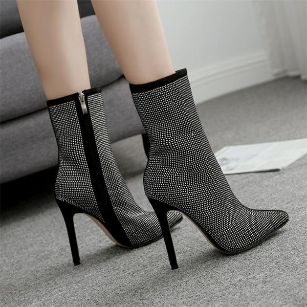 

women ankle boots plus size 35-42 rhinestones high heels shoes woman zip pointed toe motorcycle for females dress, Black