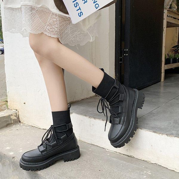 

boots women ankle lace up shoes pu autumn winter knitted platform footwear botas 2021 de mujer, Black