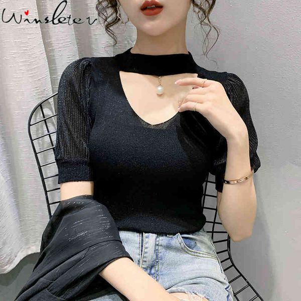 

women's t-shirt summer european clothes knit t-shirt hollow out women halter beads short sleeve pullover elastic tees 20, White