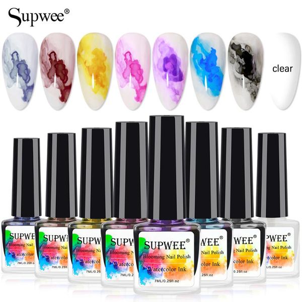 

nail gel supwee 8pcs/set blooming watercolor ink smoke effect varnish soak off transfer color blossom nails for design, Red;pink