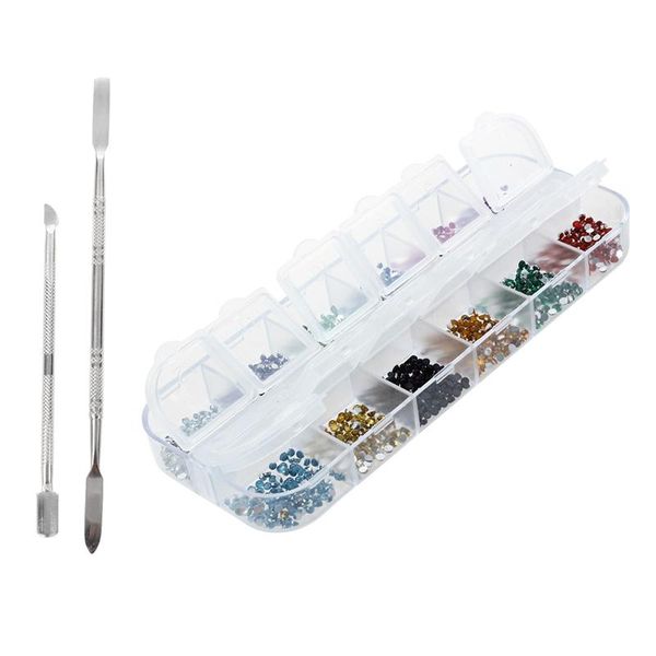 

nail art decorations 2 type push pull cuticle pusher manicure with 3000pcs 1.5mm round rhinestone 12 colors hard case acrylic, Silver;gold