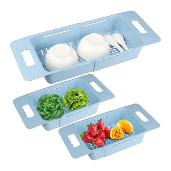 

storage baskets 3 pack expandable colander,fruits&vegetables drain basket drying rack,adjustable strainer over the sink for kitchen,blue