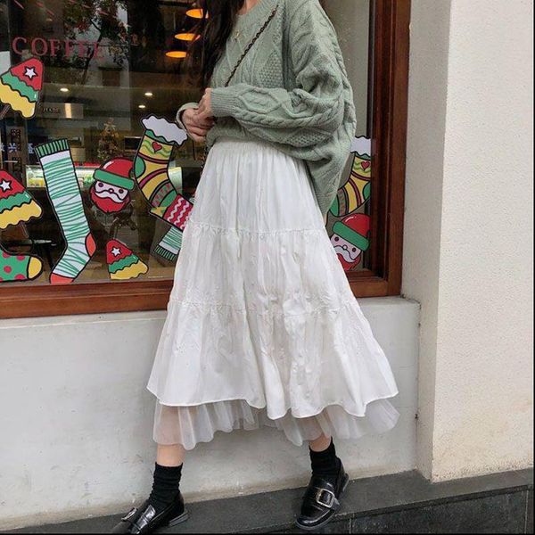 

ybyr midi cute mesh tutu women skirt harajuku girls splicing a line elastic high waist black white long