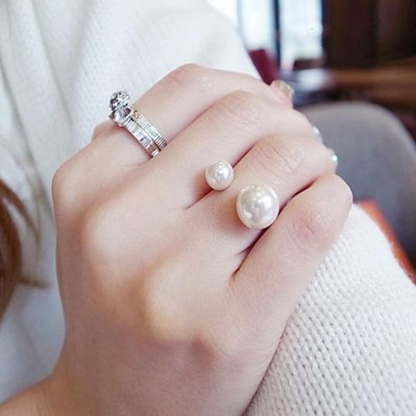 

hand decorated elegant lady ring u-shaped size pearl opening adjustable ring, Blue;gray