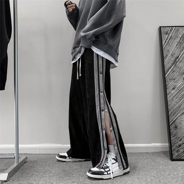 

men's pants autumn winter suede fabric mens trousers fashion side buttons casual wide leg men streetwear loose straight gray/black