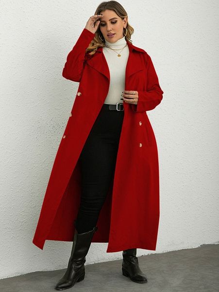 

plus lapel neck double breasted belted trench coat t5rj#, Black