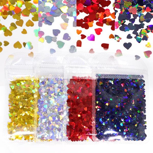 

nail art decorations 4pcs mixed size heart shaped glitter sequins accessories valentines day manicure design holographic flakes, Silver;gold