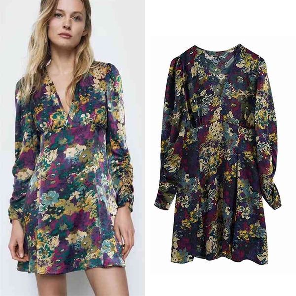 

arrival summer floral retro printed dress women fashion v-neck long sleeve above knee woman elegant es 210422, Black;gray